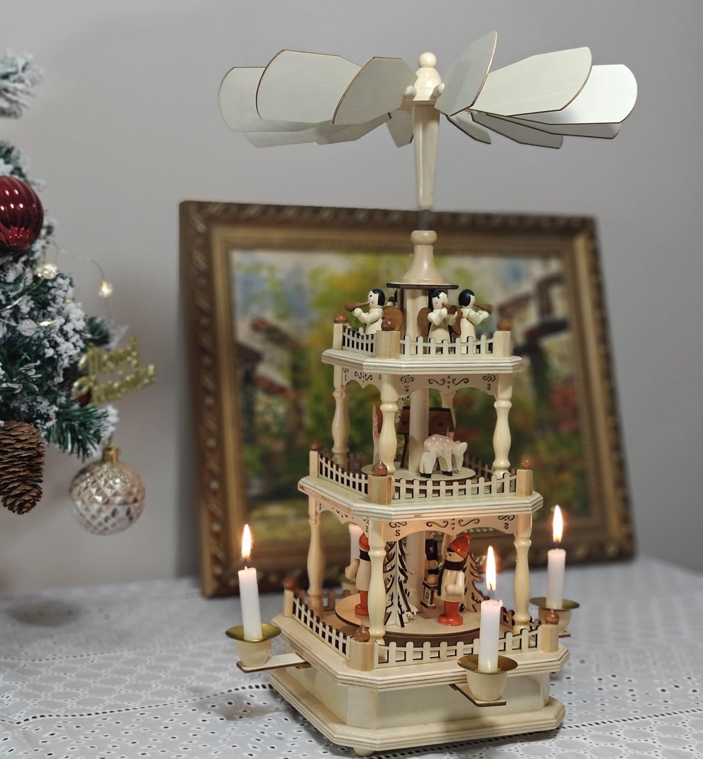 Rotating Christmas Pyramids - 18-Inch Wood Nativity Scene Set with 4 Candle Holders | 3-Tier Carousel