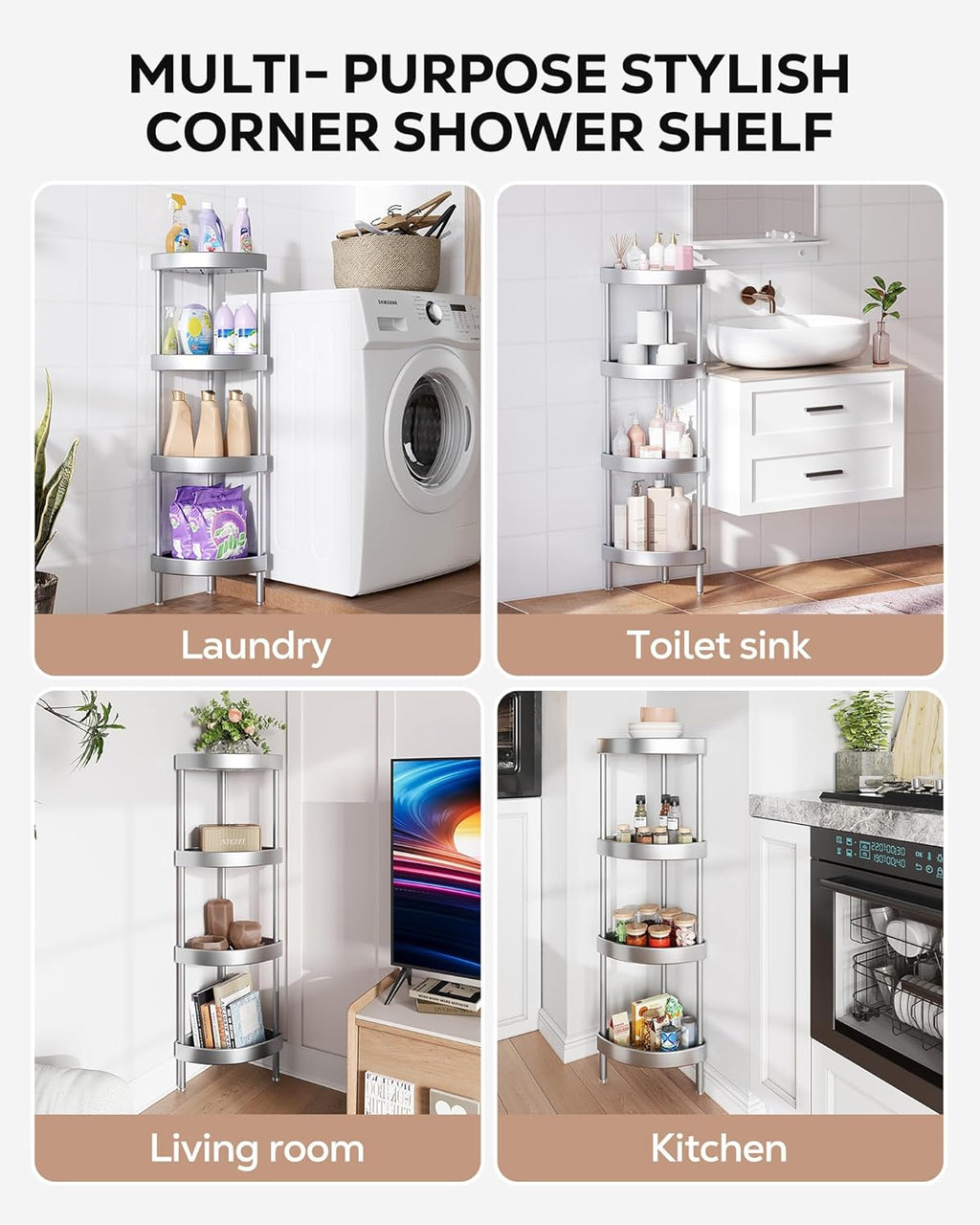 Nieifi Corner Shower Caddy Stand - 4-Tier Rustproof Aluminum Organizer | Height-Adjustable Legs, Silver