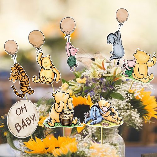 16Pcs Classic Winnie Centerpieces for Baby Shower Decorations Table Signs for Baby Shower Birthday Party Decorations