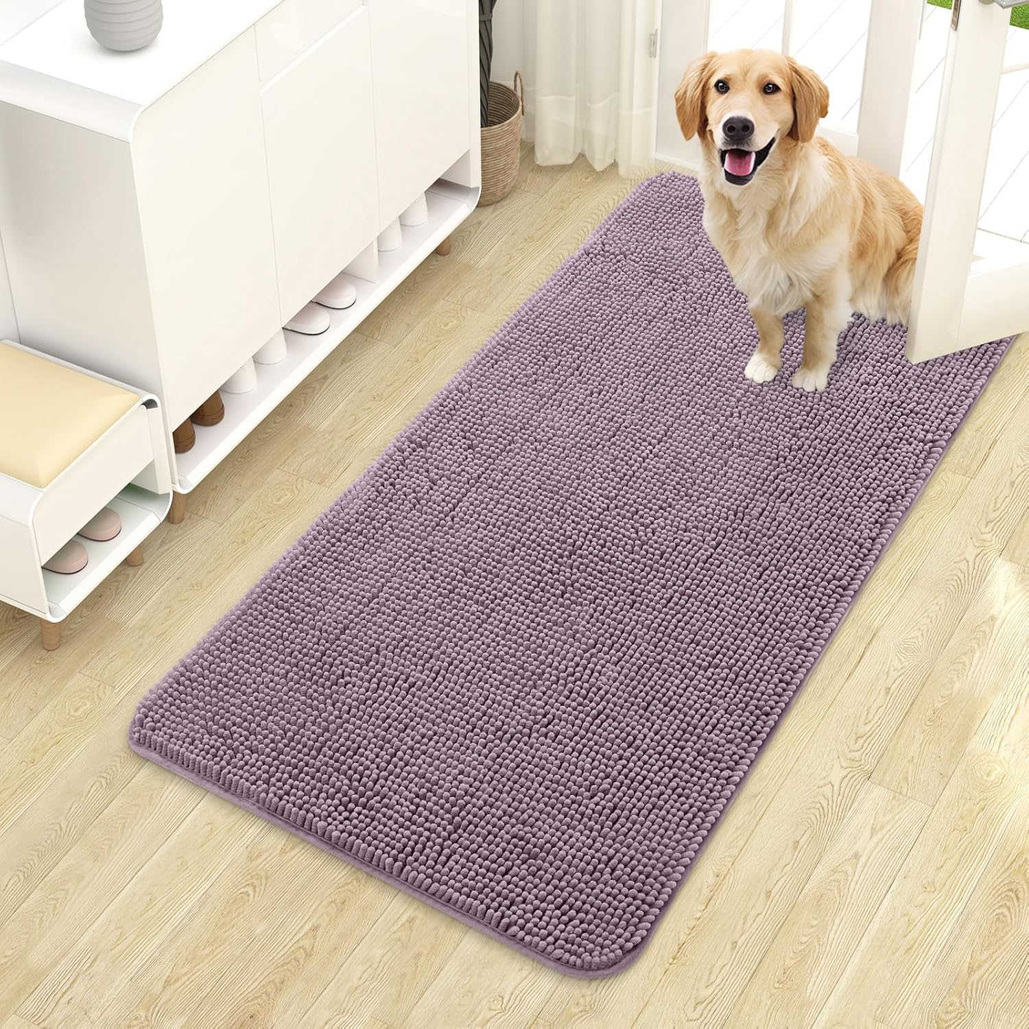 OLANLY Dog Door Mat - Absorbent Non-Slip Mud Mat for Indoor Use | Quick Dry Chenille, Deep Plum 44x24