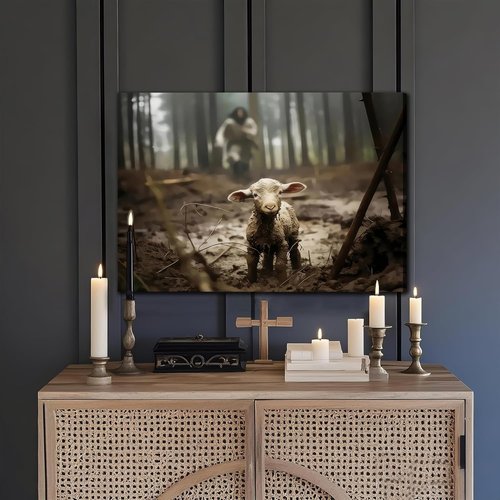 Framed Jesus Christ Wall Art - Canvas Painting of Jesus and Lamb | Biblical Decor for Church, Prayer Room, 12" x 16"