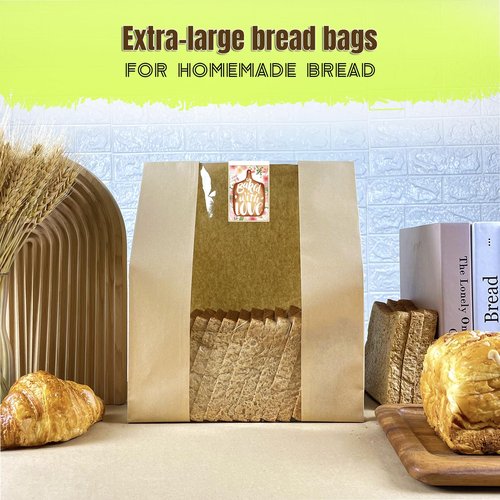 BIUBIU 16x10x5 inch Extra Large Paper Bread Bags for Homemade Bread with Window & Sticker for XL Sourdough Bread, Supersized Bread Loaf, Baked Goods, Packaging for Gifting-Brown Kraft 50Pcs