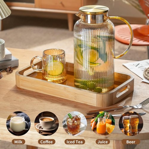 Buaic Glass Pitcher with Lid, 2 PACK 84 oz/ 2.5 Liter Amber Classic Vertical Stripes Water Pitcher,Glass Water Carafe for Cold Brew, Coffee, Lemonade, Iced Sun Tea,Beverage, Milk, Heat Resistant