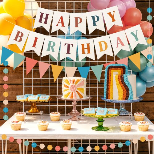 Kriyokiaa Retro Boho Happy Birthday Decorations Set with Groovy Rainbow Balloons, Happy Birthday Banner, Paper Flag, Circle Confetti Garland, Retro Birthday Party Decorations for Indoor Outdoor