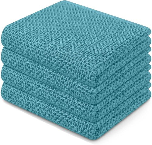Homaxy 100% Cotton Waffle Weave Dish Towels - Ultra Soft & Absorbent | 13 x 28 Inches, 4-Pack, Lake Blue