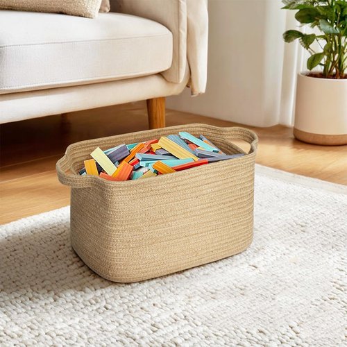 MEGASKET Wicker Basket for Storage, 15"x11"x9" Woven Basket with Handle, Rectangular Cute Storage Bin for Books, Shoes, Clothes, Towels, Decorative Gift Bin Empty, Stuffed Animal Organizer, Home Decor