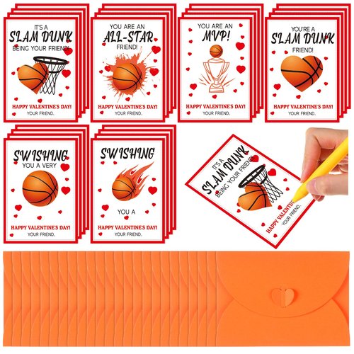 Chivertion 24 Pack Basketball Valentines Cards for School Kids Bulk Happy Valentine's Day Party Favors Card with Envelopes Classroom Exchange for Boys Girls Basketball Gifts