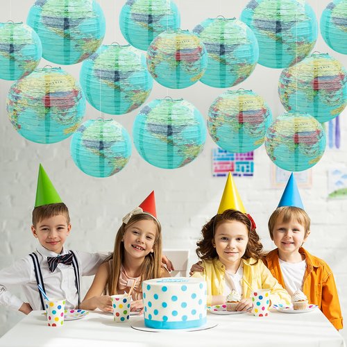 Songjum 14Pcs World Map Paper Lanterns Classroom Decorations 10 in and 8 in Classroom Hanging Ceiling Decor Earth Globe Lantern Fans for Back to School Around Travel Earth Theme Party Decor Supplies