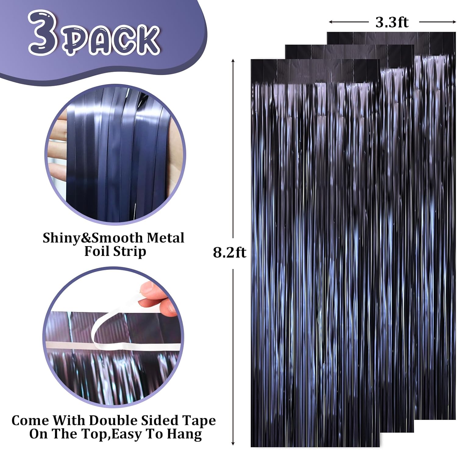 Voircoloria Matte Blue Foil Fringe Curtains - 3 Pack 3.3 x 8.2 ft Tinsel Streamers for Parties | Perfect for Graduation & Birthdays