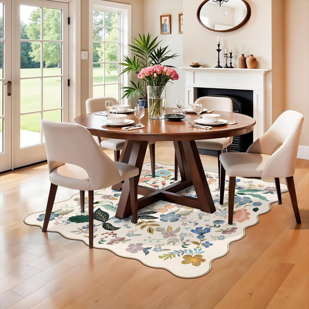 Skiennix Washable 4x4 Square Area Rug - Floral Scalloped Soft Non-Slip Carpet for Living Room & Nursery (Cream)
