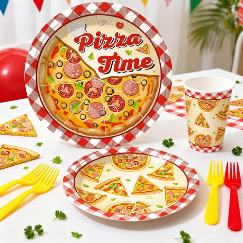 Xynic 191pcs Pizza Party Decorations Tableware Set Serves 25 Pizza Birthday Party Decorations, Disposable Pizza Themed Plates and Napkins Set, with Cakes Toppers, Banner and Tablecloths