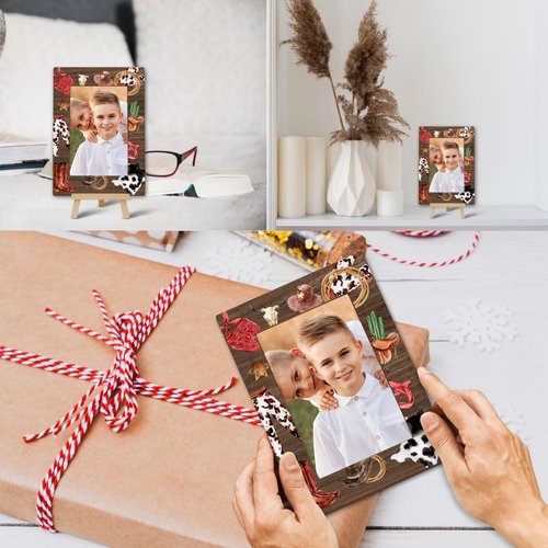 OXRUN Wild Western 4x6 Picture Frame, Cowboy Wooden Photo Frame with Easel, Display Photo Insert, Newborn Gifts, Nursery Decor - A08
