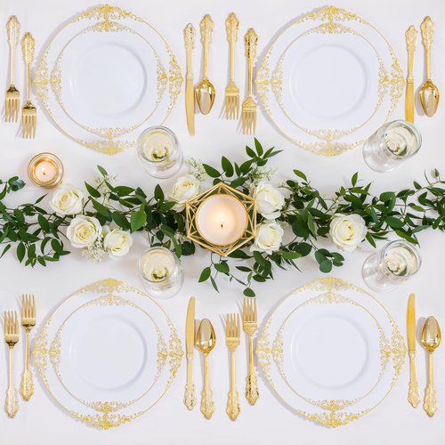 Nervure 350PCS Gold Plastic Dinnerware - White and Gold Disposable Plates for 50 Guests - 100 White Disposable Plates, 150 Plastic Silverware, 50 Cups, 50 Napkins for Wedding & Party