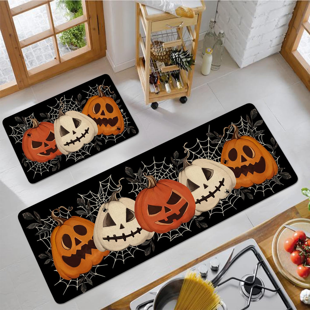 Faptoena Halloween Kitchen Rugs Set of 2,Black Pumpkin Spider Web Kitchen Mats for Floor, Halloween Non-Slip Washable Sink Mats Home Decor Doormat+Runner Rug