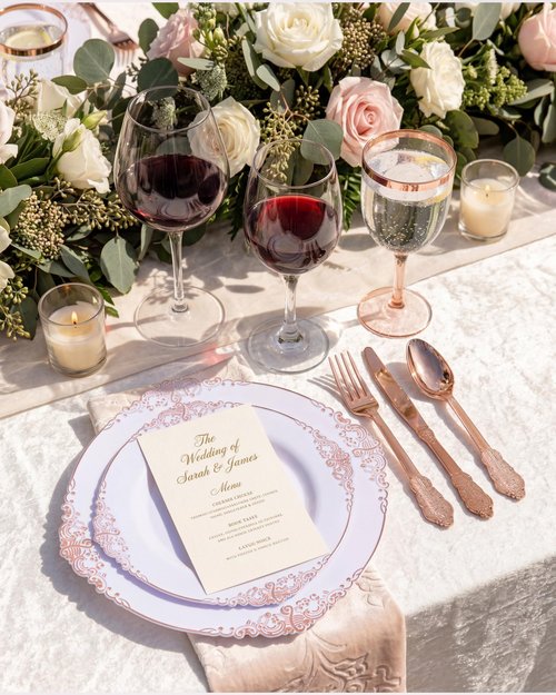 Morejoy 100pcs Plastic Plates - Disposable - 7.5 inch White and Rose Gold Dessert Plates for Weddings & Parties & Shower
