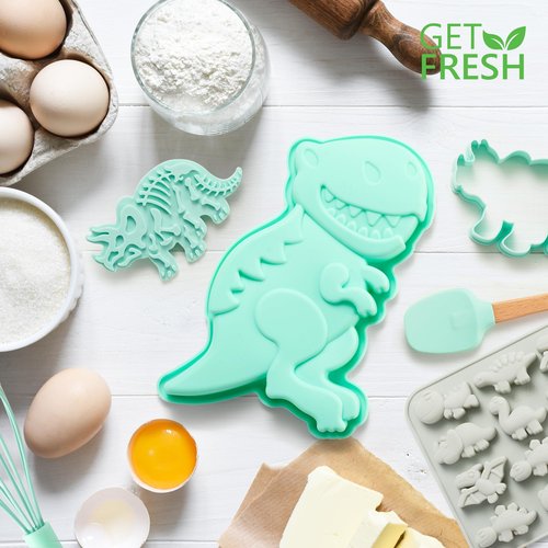 GET FRESH Dinosaur Baking Cooking Tool Set for Kids – 12-PCS Dino Silicone Bakeware Moulds for Kids Baking Candy Jelly Gummy Making and 3 Dinosaur Fossil Cookie Cutter Stampers – Dino Cake Candy Molds