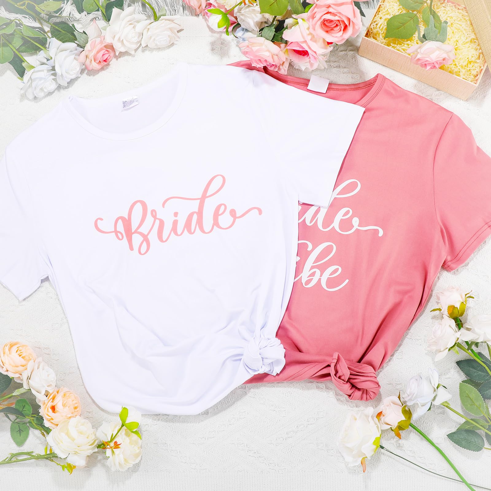 Leumoi 7 Pcs Bachelorette Party Bridal Shirts Bridesmaid Shits for Women 1 White Bride Shirt and 6 Pink Bridesmaid T-Shirt Bridal Parties Matching Set Bulk for Wedding Shower Bride Gift