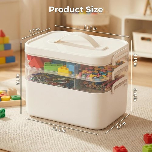 Craft Storage Organizer Box by Stackable | 13.3 QT with Handle & 3 Removable Trays - White