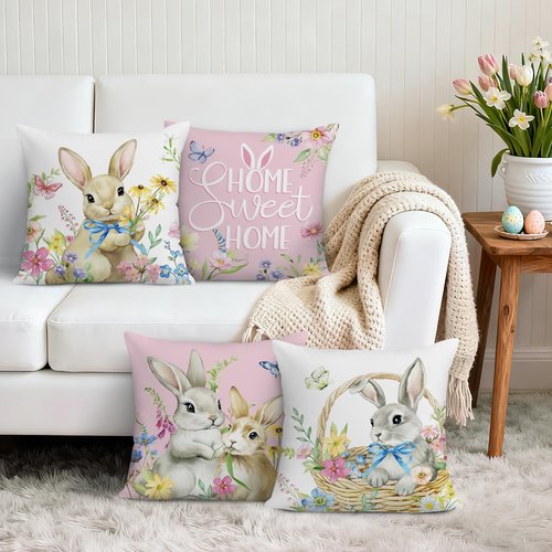 Bonhause Spring Easter Bunny Throw Pillow Covers 18x18 Inch Pink Rabbit Floral Butterfly Home Sweet Home Spring Decor Soft Velvet Decorative Pillow Cases for Couch Sofa Patio Garden Set of 4