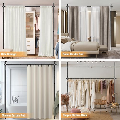 AKTOP Room Divider Curtain Rod, No Drilling Privacy Room Separator for Space Partition, 4-10.5ft(H) 29-73”(W) Adjustable Heavy Duty Floor to Ceiling Wall Divider Tension Rod for Room Separation, Black
