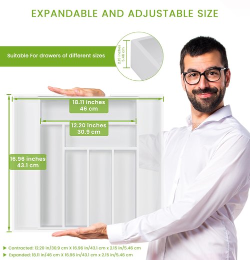 Utopia Kitchen Expandable Drawer Organizer, Adjustable Kitchen Drawer Organizer, Bamboo Drawer Dividers Organizer for Kitchen, Silverware, Flatware, Living Room (6-8 Slots, White) Pack of 1