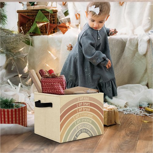 Elefeltclave Boho Rainbow Nursery Storage Bins,I Am Kind Positive Affirmations Collapsible Storage Basket Organizer for Kids Room Nursery Playroom Classroom Clothes Toys Books, Toybox for Girls Boys