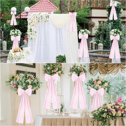 Knitgrip Large Wedding Pew Bows - Elegant Satin Ribbon Aisle Decorations | Pink, 12 Pcs, 12 x 29.5 Inch
