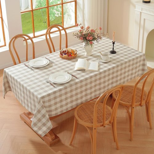 gillhov Checkered Tablecloth Rectangle Washable Buffalo Plaid Table Cloth Cotton Linen Gingham Table Cover for Picnic Kitchen Dining Room, Beige and White, 55 * 70