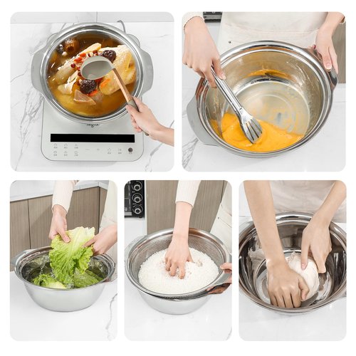 304 Stainless Steel Microporous Colander with Handle, Rice Washers Microporous Strainer Set For washing vegetables, fruits and rice, and draining cooked pasta(5QT with handle-Gold)