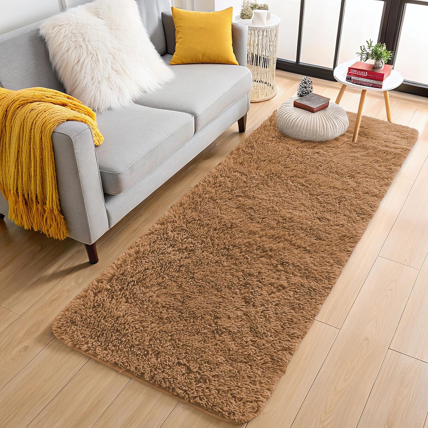 OLANLY Runner Rugs - 2x6 Machine Washable Soft Fluffy Shaggy Carpet for Bedroom & Hallway | Khaki