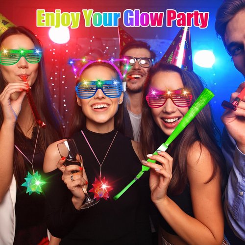 TUXIYA 170PCS Glow in the Dark Party Supplies for Adults,Light Up Party Favors with Glow Sticks,LED Glasses,Finger Lights,Headband,Rings,Tattoos,DIY Glow Necklaces Bracelets for Glow Neon Party