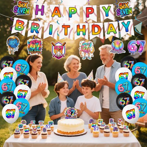 6 7 Birthday Decorations, 67 Meme Themed Birthday Decorations Set Includes Happy Birthday Banner, Large Cake Topper, 24 x Cupcake Toppers, 18 x Ballons, 6 x Hanging Spinners