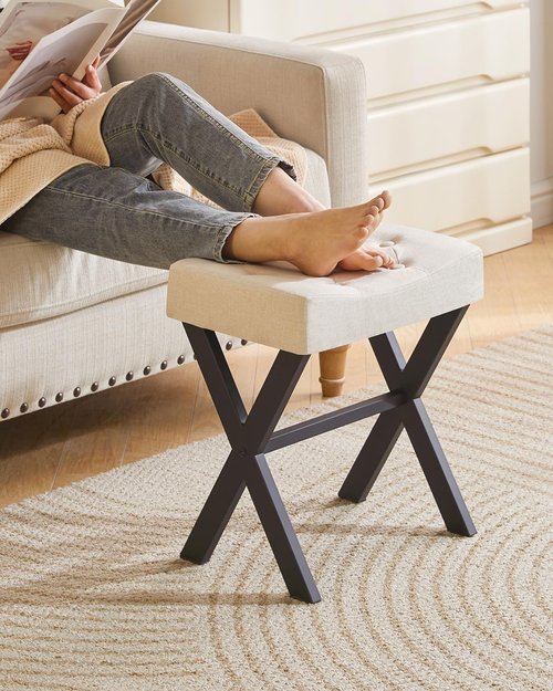 IBUYKE U-Shaped Linen Vanity Stool, Square Makeup Chair with X-Leg, Ottoman Seat Footrest Stool, Multi-Use as Small Side Table, for Bedroom, Living Room, Linen WBD018Y
