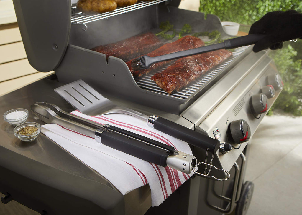 Weber Precision 3‑Piece Grilling Tool Set – Stainless Steel Tongs, Spatula & Silicone Basting Brush with Non‑Slip Handles and Hands‑Free Locking
