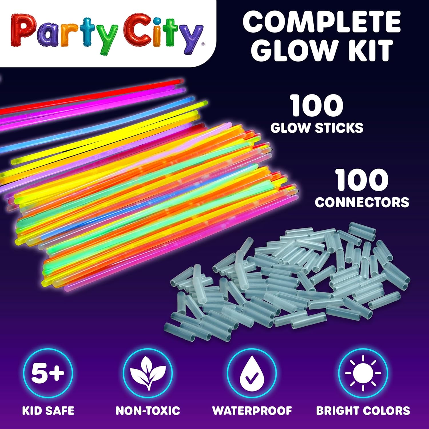 Party City Glow Sticks Bulk Pack - 100 Neon 8” Glow in the Dark Light-Up Favors for All Ages