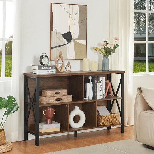 HOMISSUE Cube Storage Organizer Shelf, Rustic Horizontal Bookshelf with 5 Cubes, Industrial Short Wide Bookcase with 3 Tier Shelves, Low and Long Cubby Bookshelf for Living Room, Office, Brown