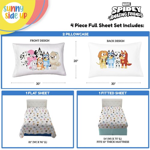 Sunny Side Up Bluey & Friends Full Sheet Set - 4 Piece Kids Bedding Set Includes Pillow Cover - Super Soft Microfiber Sheets