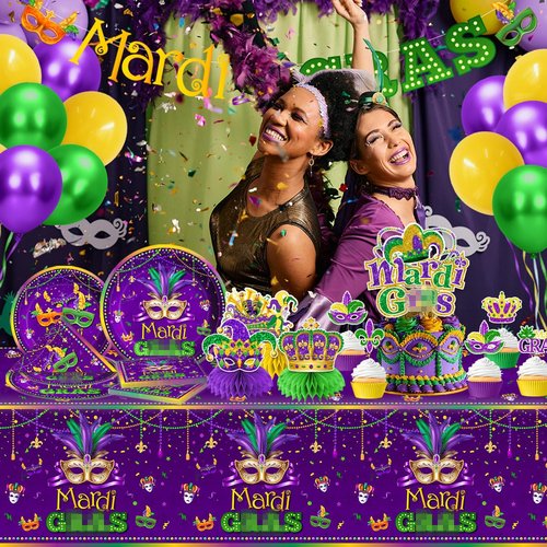 Masquerade Party Decorations-172Pcs Mask Themed Plates and Napkins Green Gold Purple Tableware Set Masquerade Party Supplies