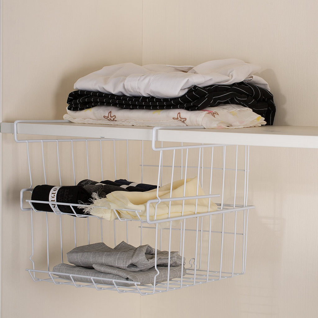 Lonians 2-Pack Under Shelf Hanging Storage Baskets - Metal Wire Rack Organizer for Kitchen, Pantry, Cabinet, Bathroom, Desk - Space Saving Shelf Extender (White, Large)