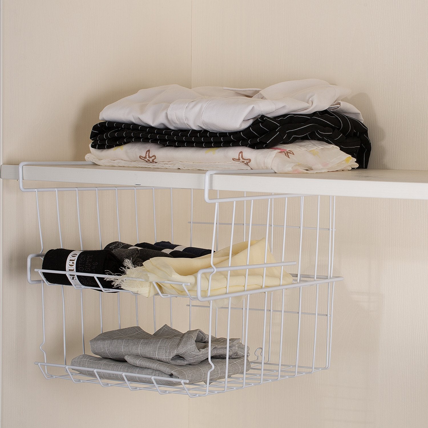 Lonians 2-Pack Under Shelf Hanging Storage Baskets - Metal Wire Rack Organizer for Kitchen, Pantry, Cabinet, Bathroom, Desk - Space Saving Shelf Extender (White, Large)