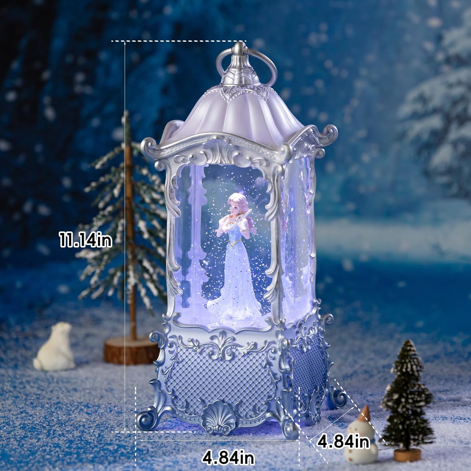 Snow Globe Lantern | Violin Girl Music Box - Shatterproof, LED Light, 8 Songs, USB/Battery Powered, Silver