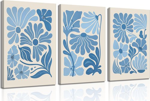 Blue Flower Market Canvas Wall Art - Boho Botanical Aesthetic Prints for Living Room Decor | Light Blue