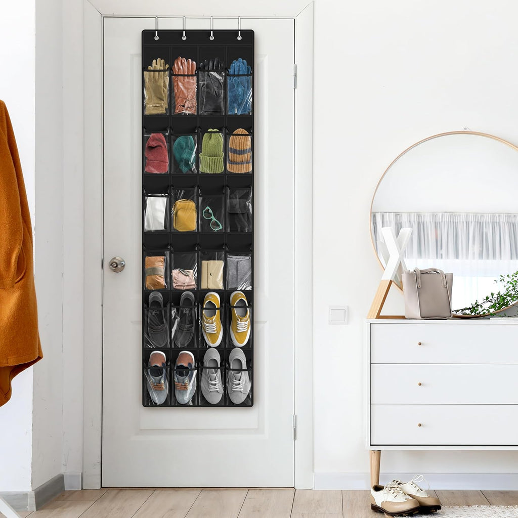 Simple Houseware 24-Pocket Over The Door Shoe Organizer - Crystal Clear, Black (64'' x 19'')