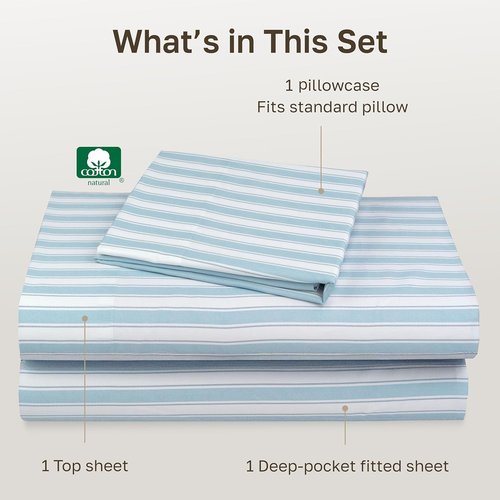 California Design Den 100% Cotton Twin Size Sheets Set - 400 Thread Count, Award-Winning Sateen Finish, Cape Stripe Blue