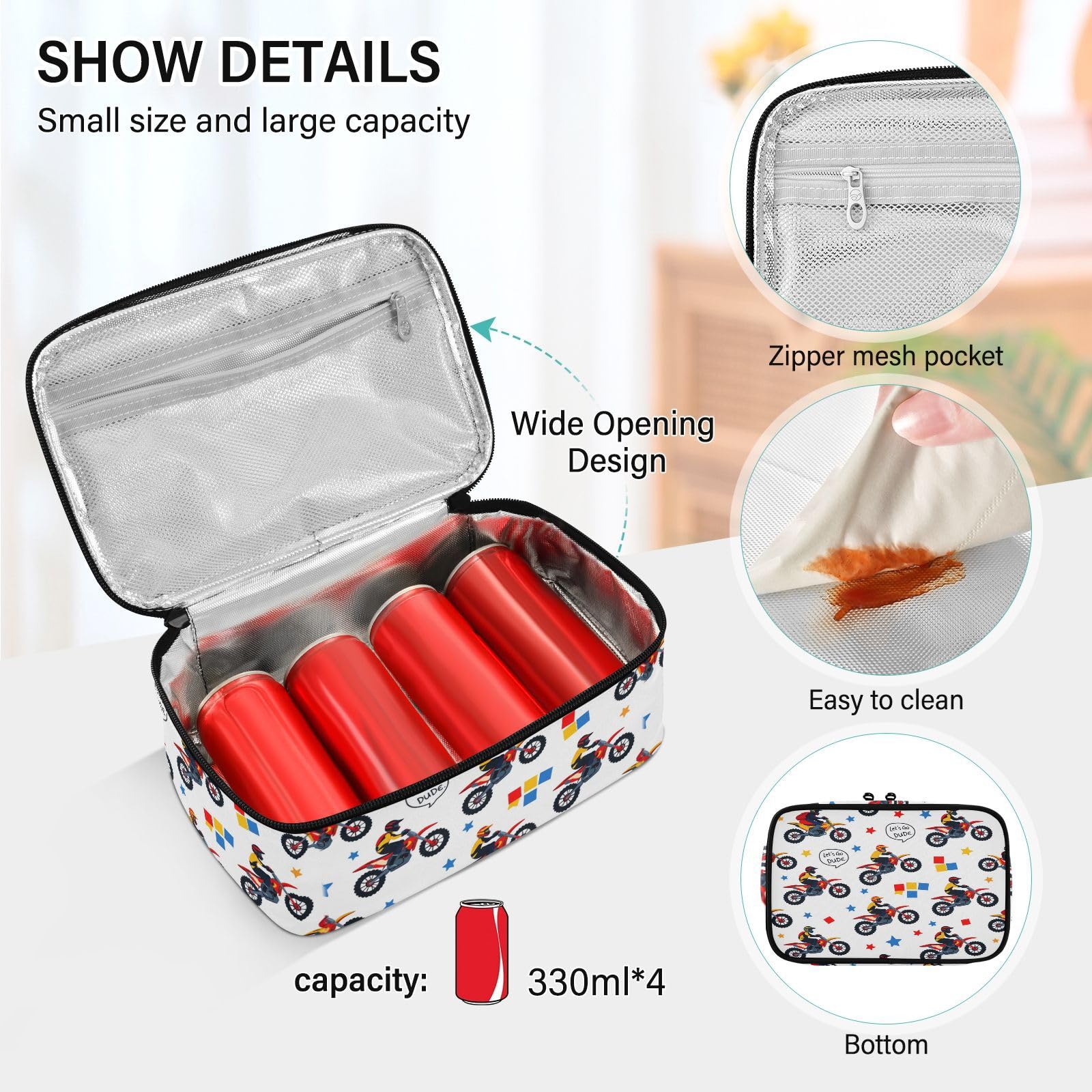 IHCVHQX Motorbike Cartoon Kids Lunch Bag for Boys Girls Insulated Lunch Box Reusable Cooler Women Men Containers Meal Prep for School Work Picnic