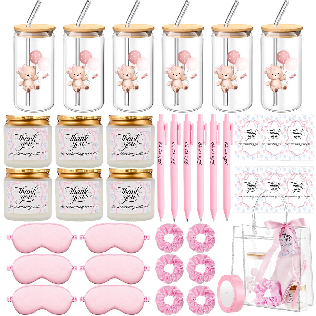 Reallnaive 43 Pcs Baby Shower Prizes for Player Winner Wedding Bridal Shower Favor Gifts Including Glass Cups Aromatherapy Candle Eye Mask Hair Band Greeting Card Pen Ribbon Gift Bag(Bear Style,Pink)