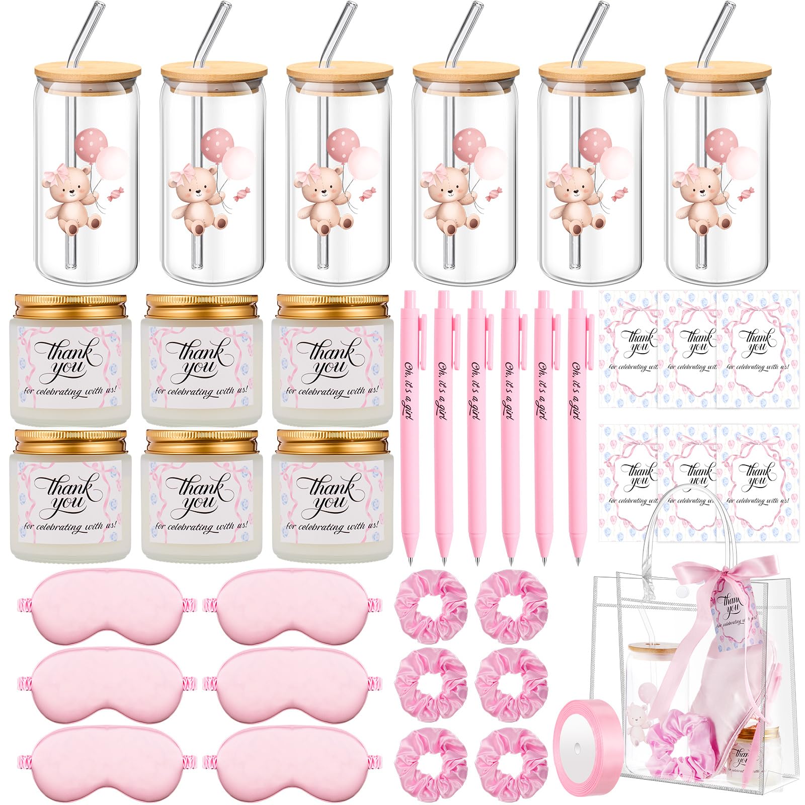 Reallnaive 43 Pcs Baby Shower Prizes for Player Winner Wedding Bridal Shower Favor Gifts Including Glass Cups Aromatherapy Candle Eye Mask Hair Band Greeting Card Pen Ribbon Gift Bag(Bear Style,Pink)