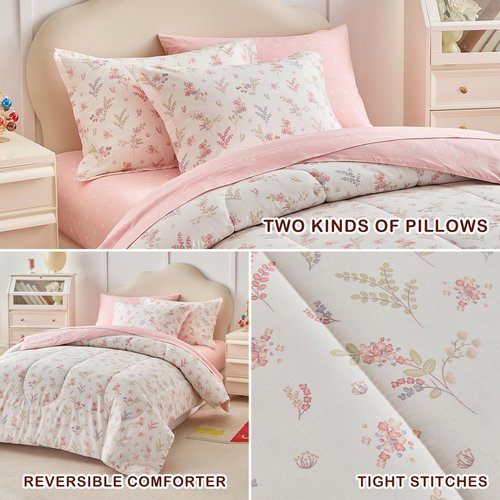 Joyreap 6pcs Cotton Comforter Sheet Set for Girls, Twin Size Bed in a Bag, Pink Floral Design, Soft n Cozy Kids Bedding Comforter Set for All Season- 68x88 inches