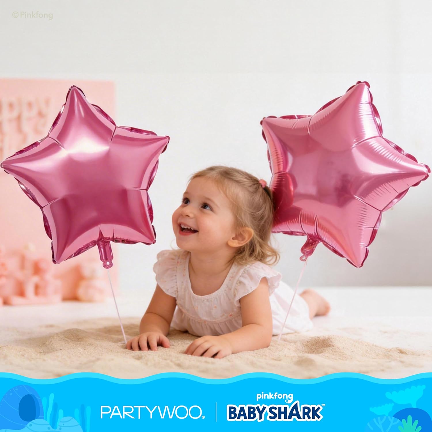 PartyWoo Baby Shark Pink Foil Number 3 Balloon - 5pcs 18-Inch Round Mylar Helium Birthday Decor