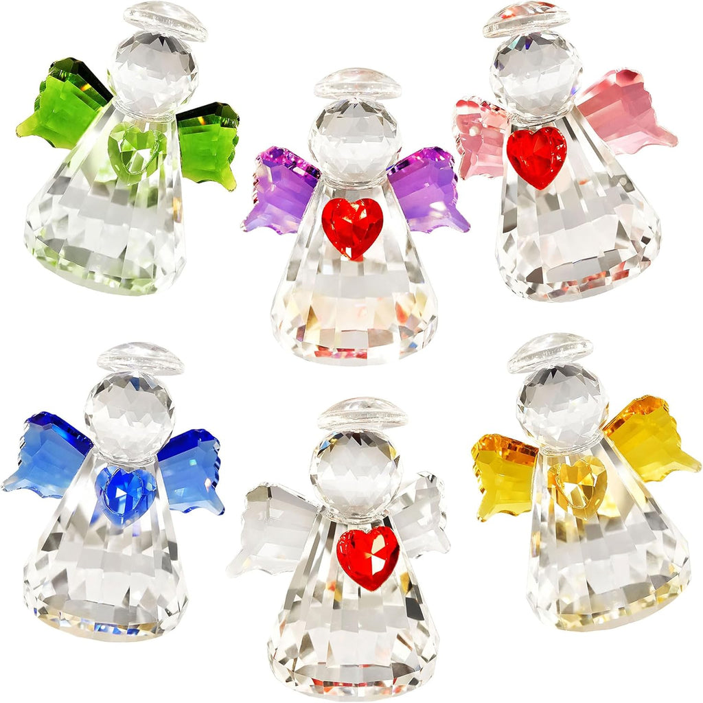 Crystal Guardian Angel Figurine Set - 6 Handcrafted Glass Ornaments for Home Decor | 2.5” Tabletop Collection